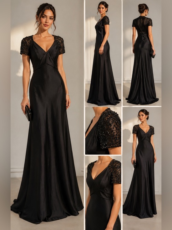 Badgley Mischka Dresses & Skirts - Badgley Mischka Black Silk Evening Gown Beaded Lace Cap Sleeves Size 8 NWOT